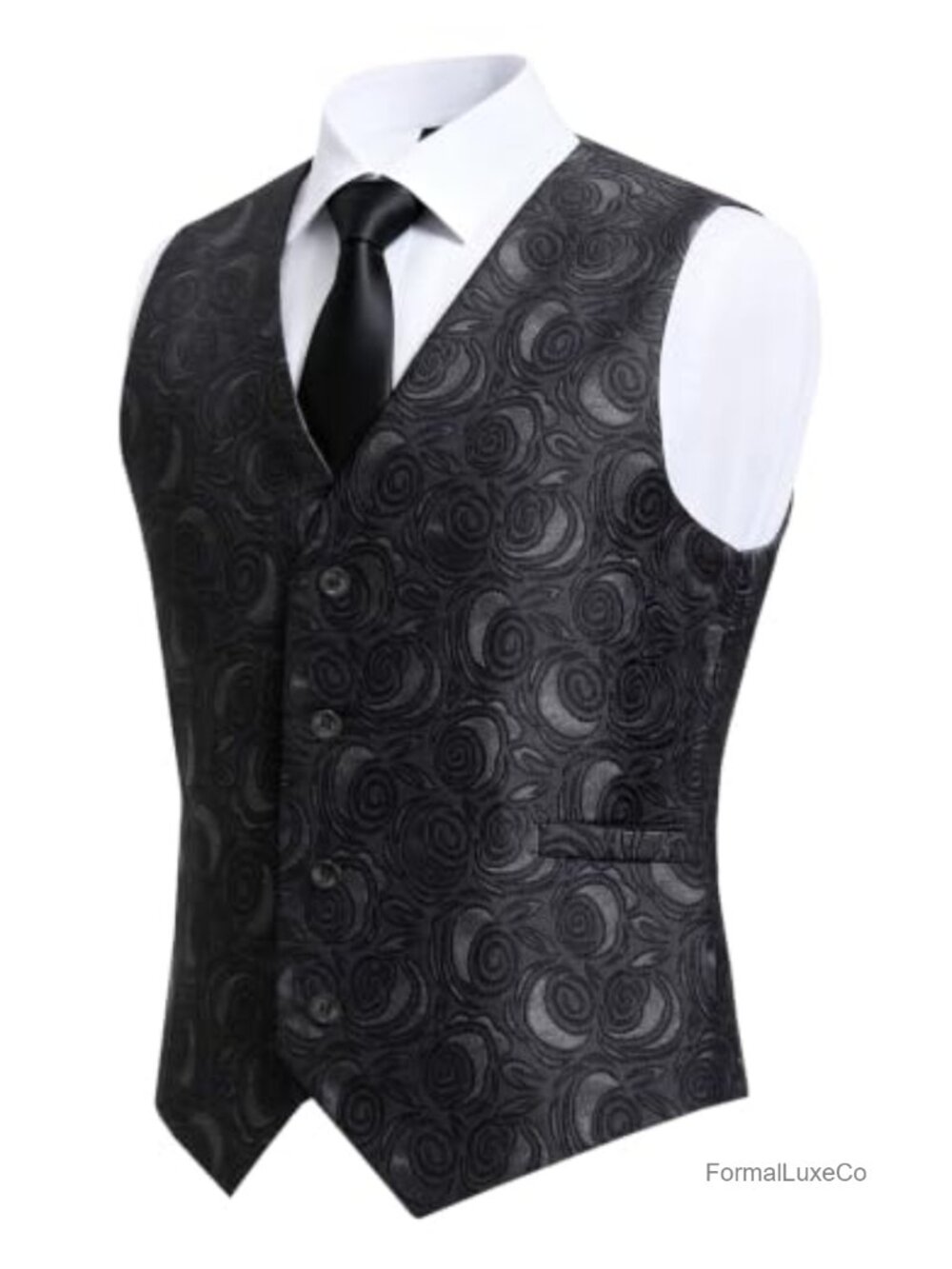 Men's Rose Jacquard Wedding Vest Slim Fit V-Neck Waistcoat